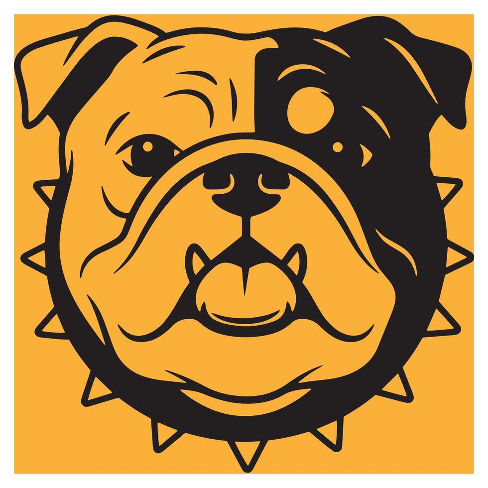 Bold and graphic illustration of a bulldog head with spiked collar on a golden yellow background vector