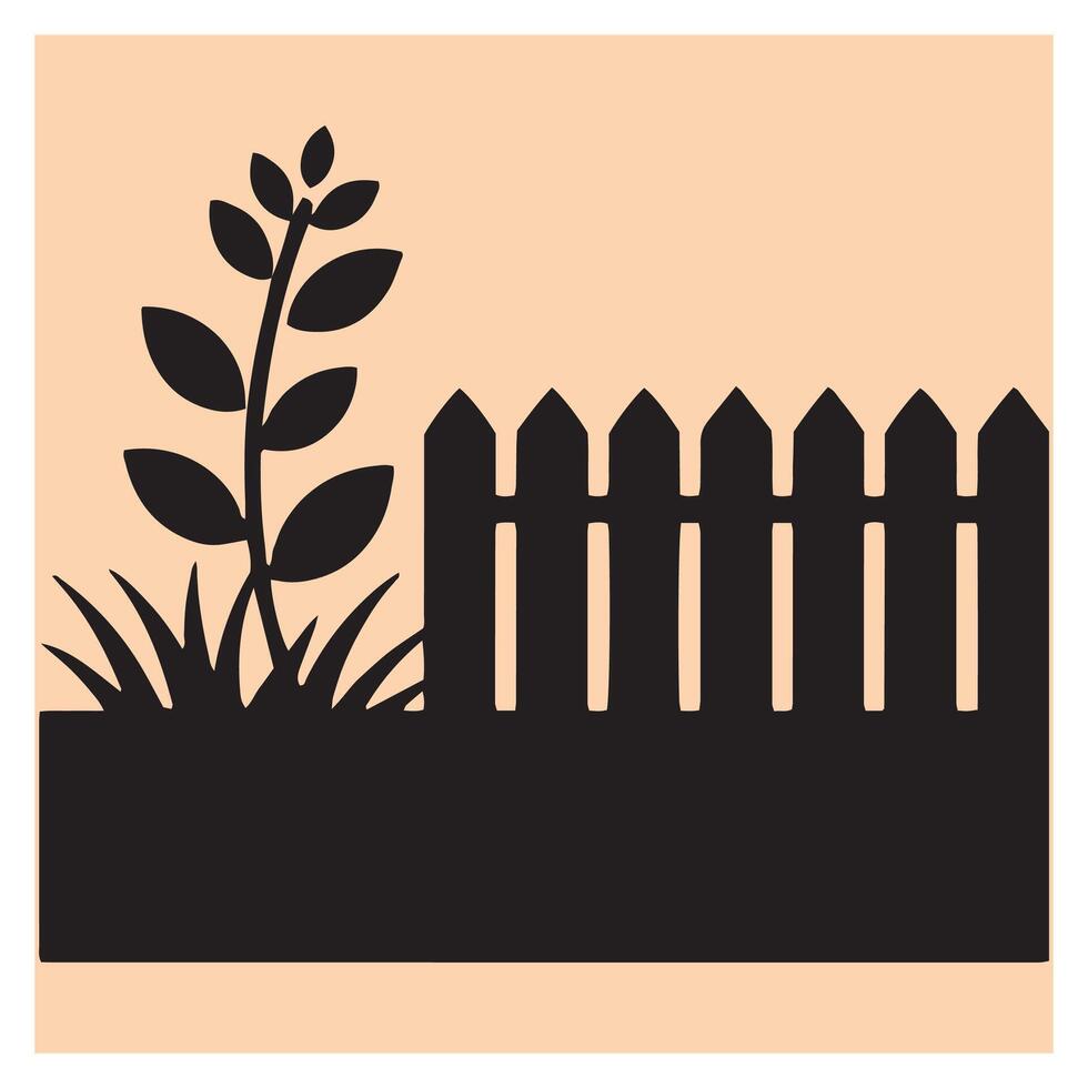 Black silhouetted illustration of a garden scene with fence grass and growing plant vector