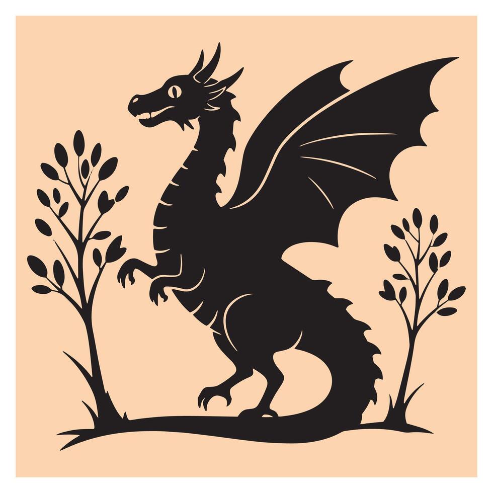 Black silhouette of a majestic dragon with outstretched wings and simple tree elements vector