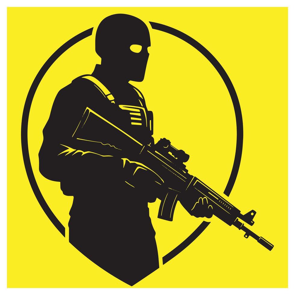 Silhouette of armed soldier with rifle in a yellow circle representing military readiness vector