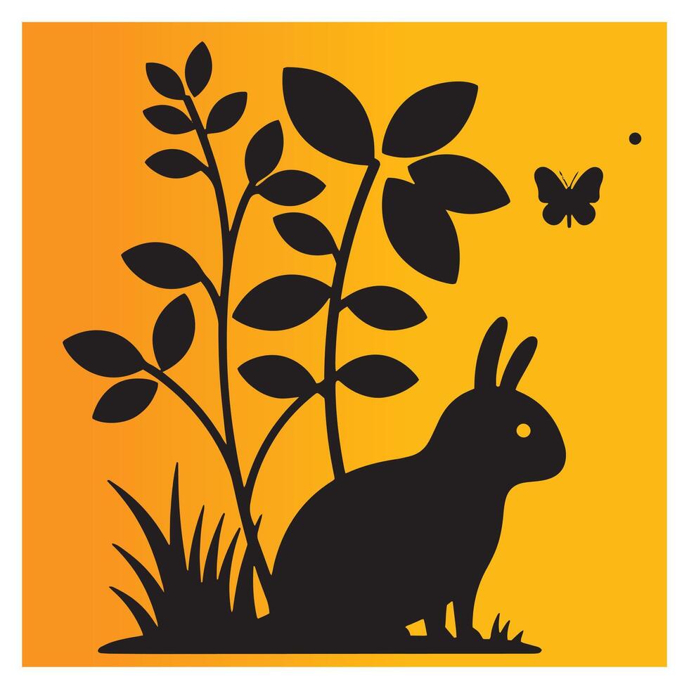 Silhouette of a rabbit with plants and a butterfly on an orange and yellow background vector