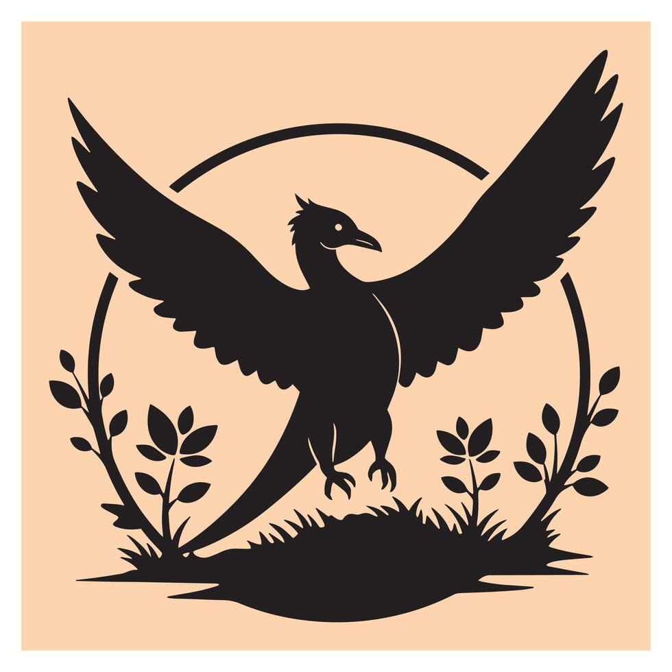 Silhouette of a pheasant with open wings surrounded by foliage in a circular frame vector