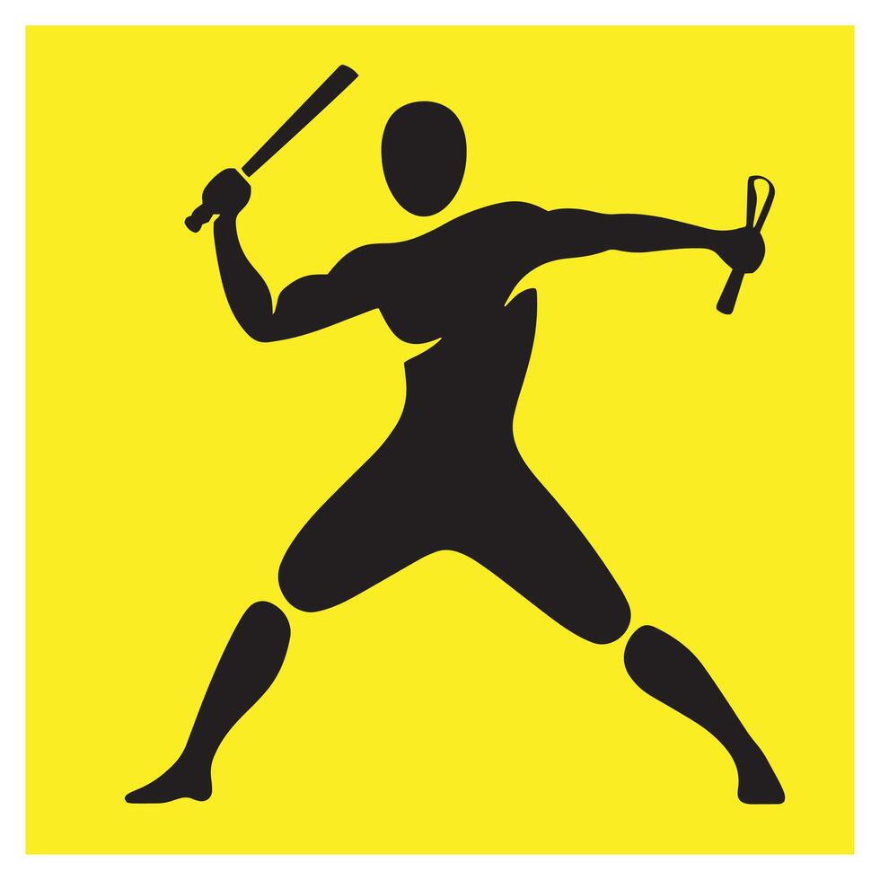 Silhouette of a martial artist with weapons posing against bright yellow background vector