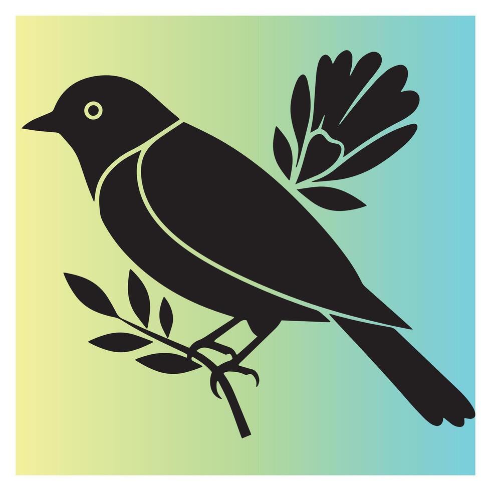 Silhouette illustration of a black bird perched on a branch with leaves and gradient background vector