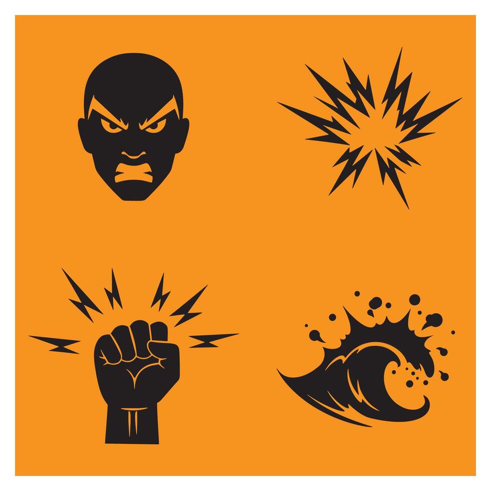 illustration of angry face fist explosion and wave symbols on orange background vector