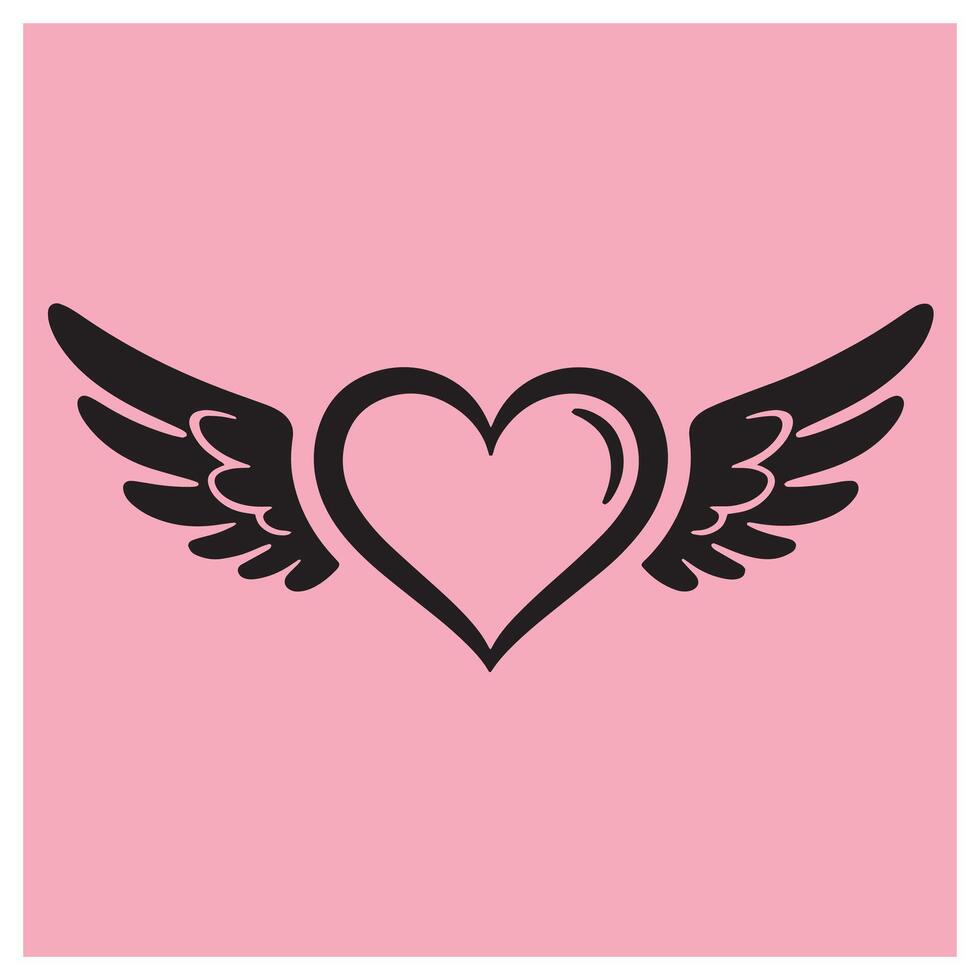 Black heart with wings symbol of love and freedom on a pink background vector