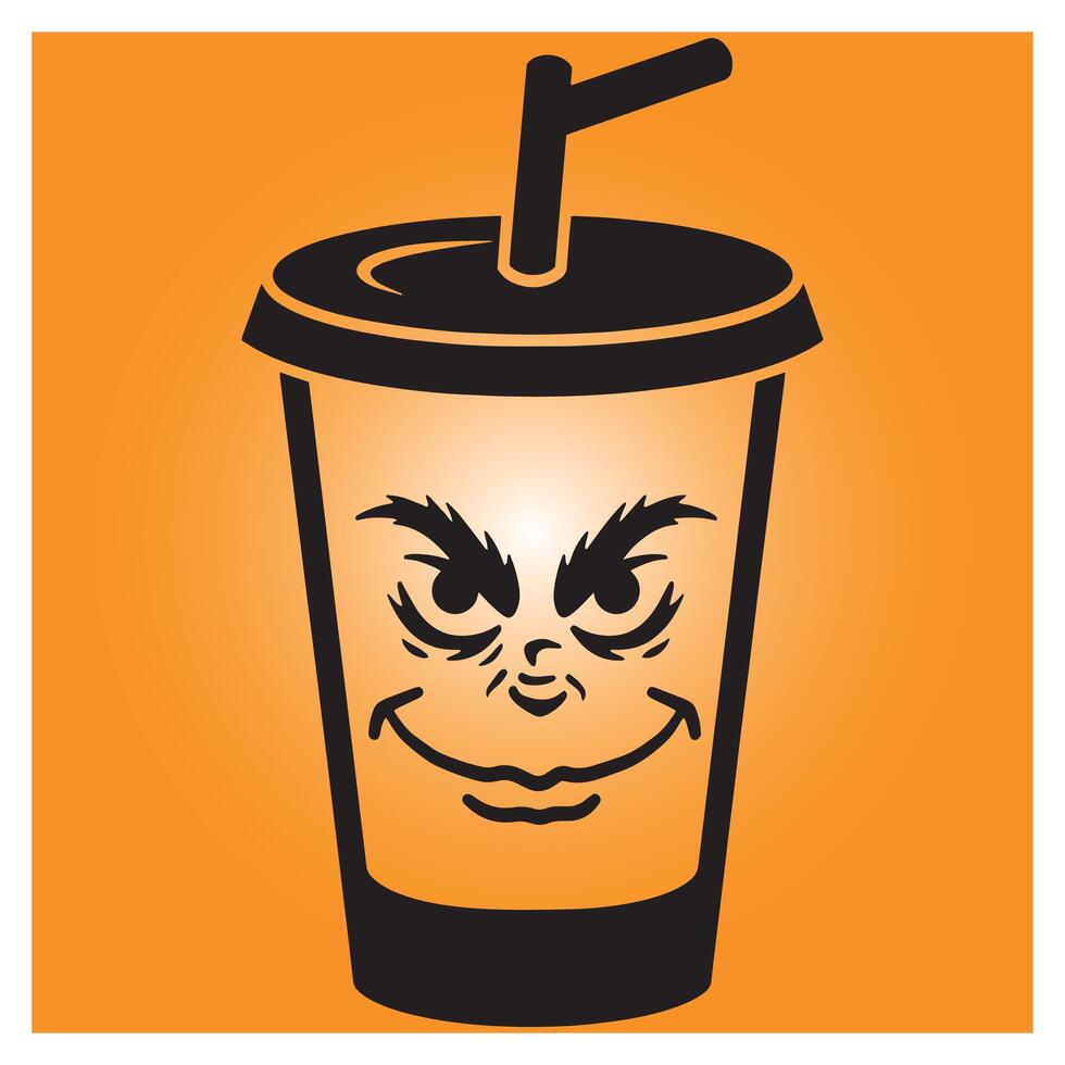 Cartoonish drink cup with animated face illustration on orange gradient background vector