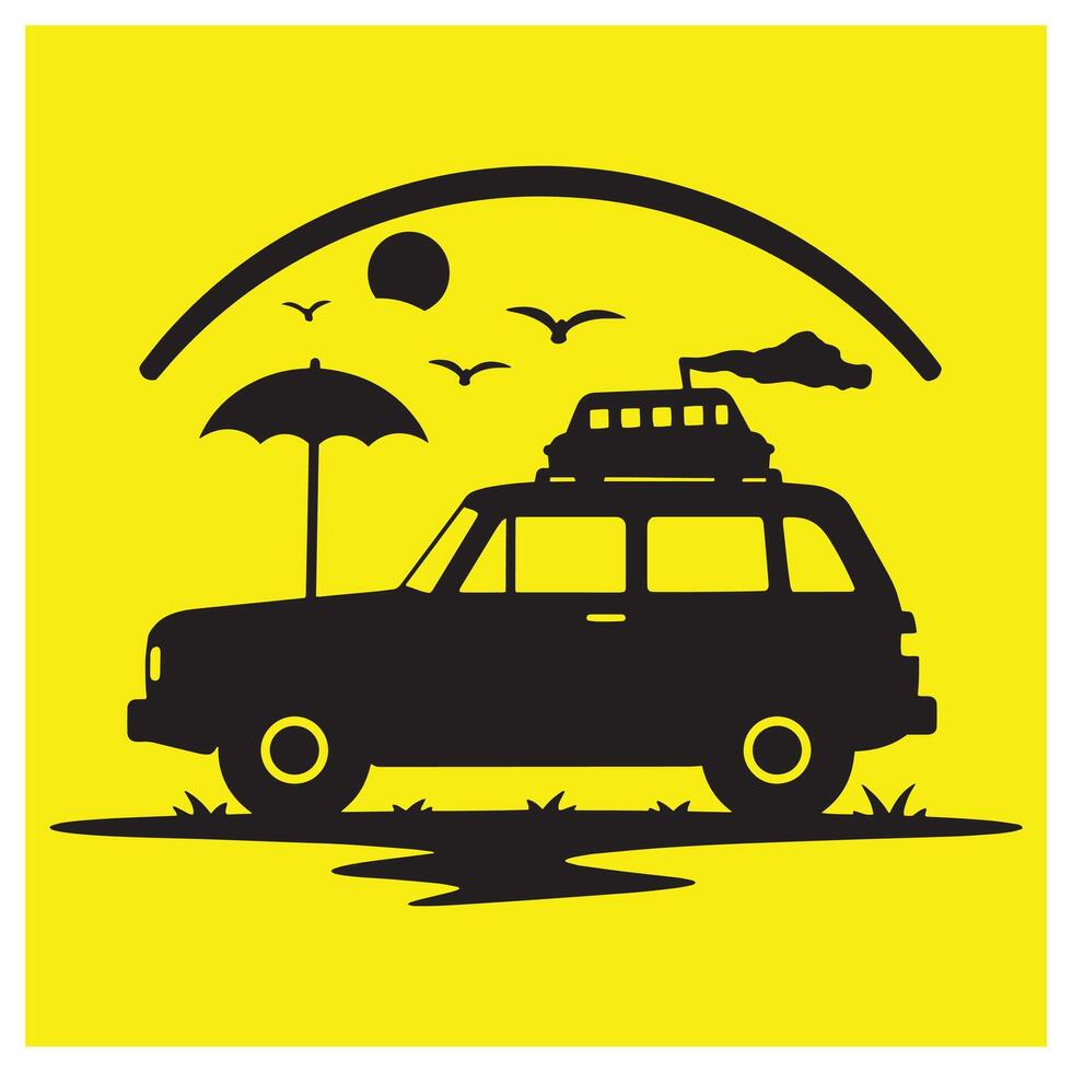 Black silhouette of a car outdoors on yellow background with birds and a sun vector