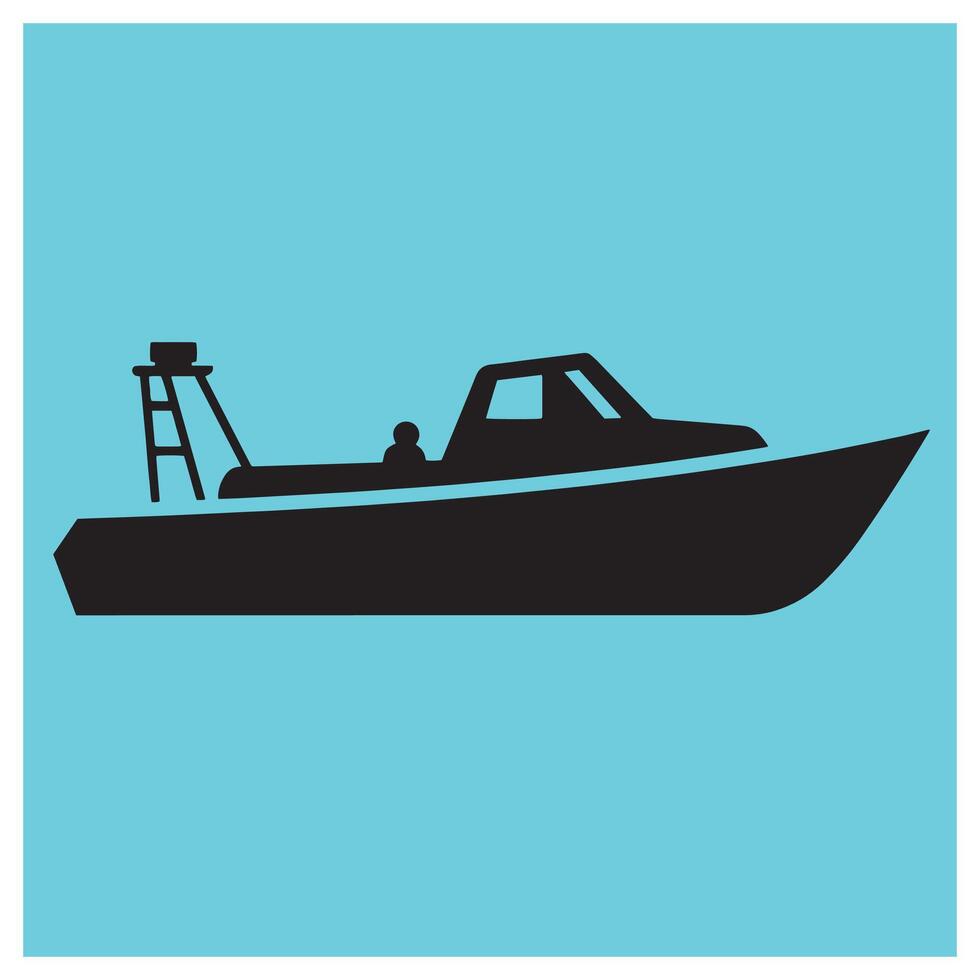 Black silhouette of a motorboat with fishing equipment against a light blue background vector