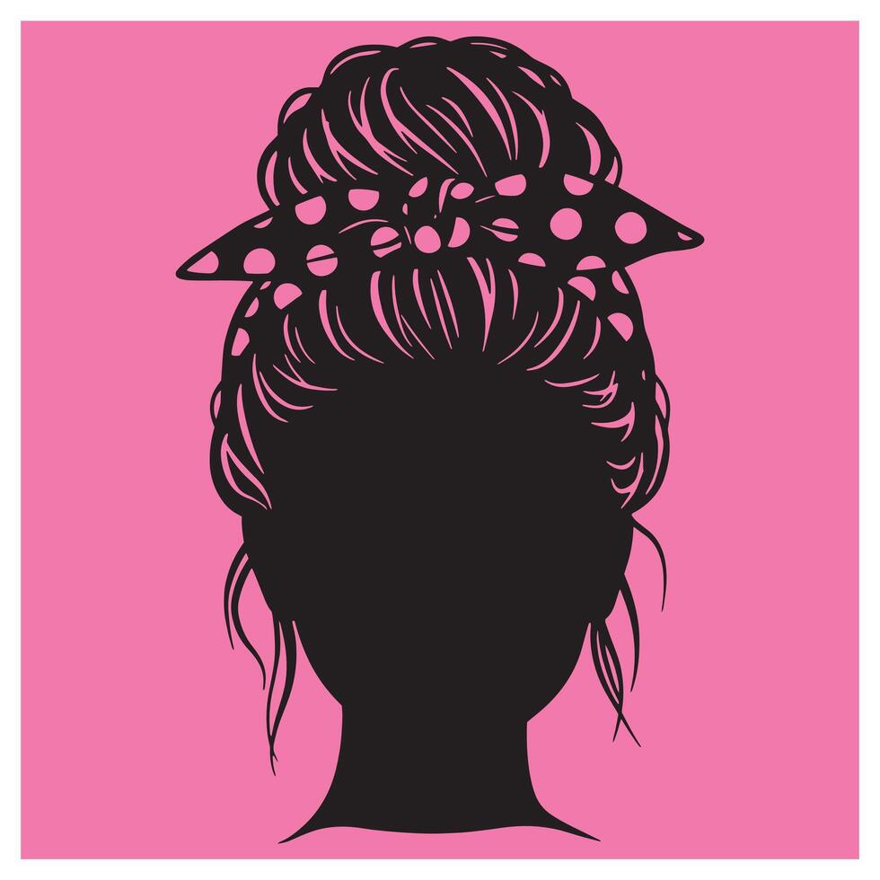 Elegant silhouette of a woman with messy bun and polka dot headband on pink background vector