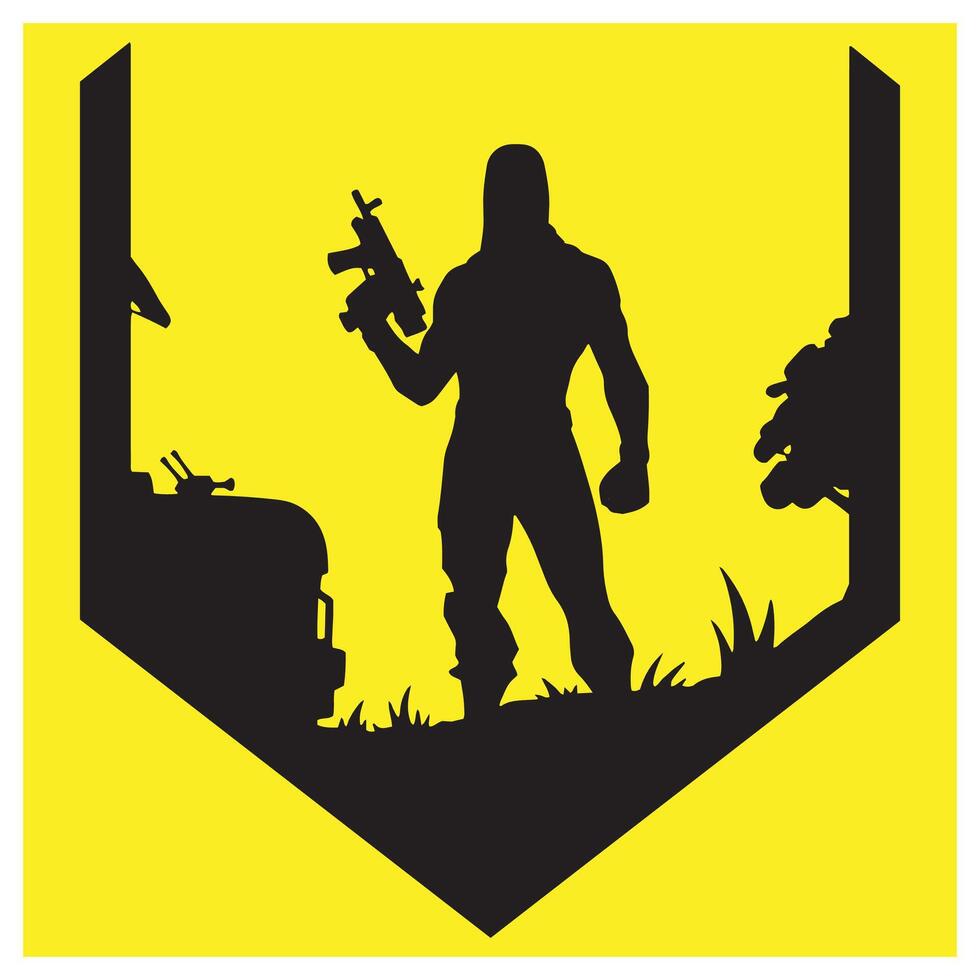 Silhouetted soldier holding rifle standing within a graphic yellow and black landscape design vector