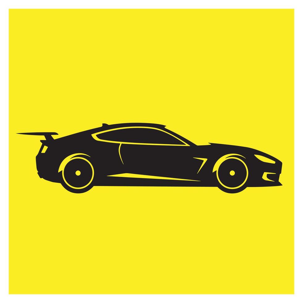 Sleek black sports car silhouette on a vibrant yellow background graphic design vector