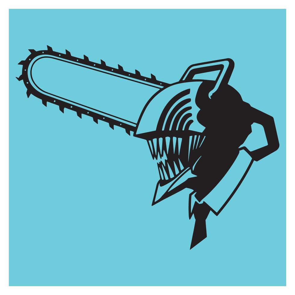 Artistic illustration of chainsaw devil silhouette in black on a light blue background vector