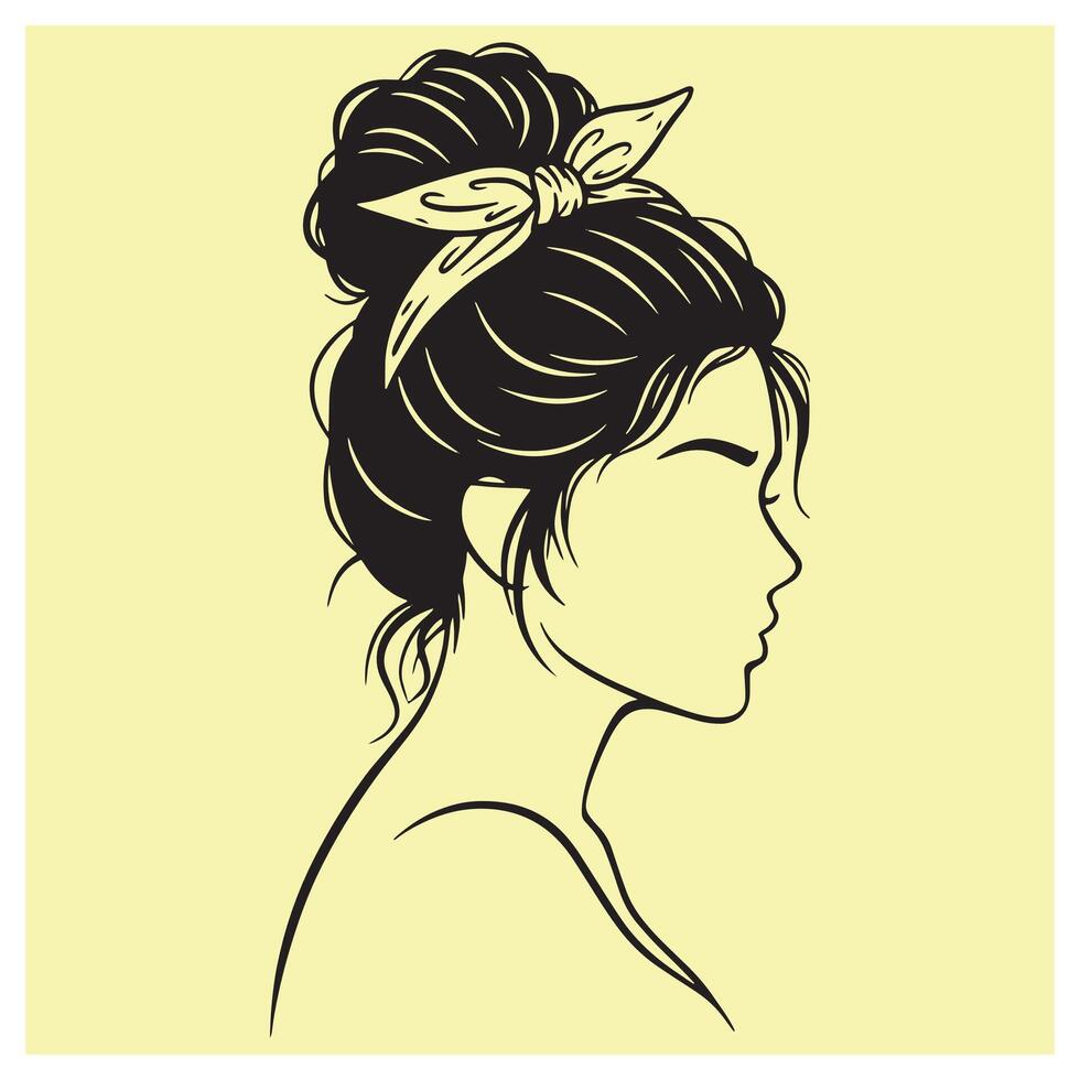 Elegant illustration of a woman in profile with a chic hair bun and headband vector
