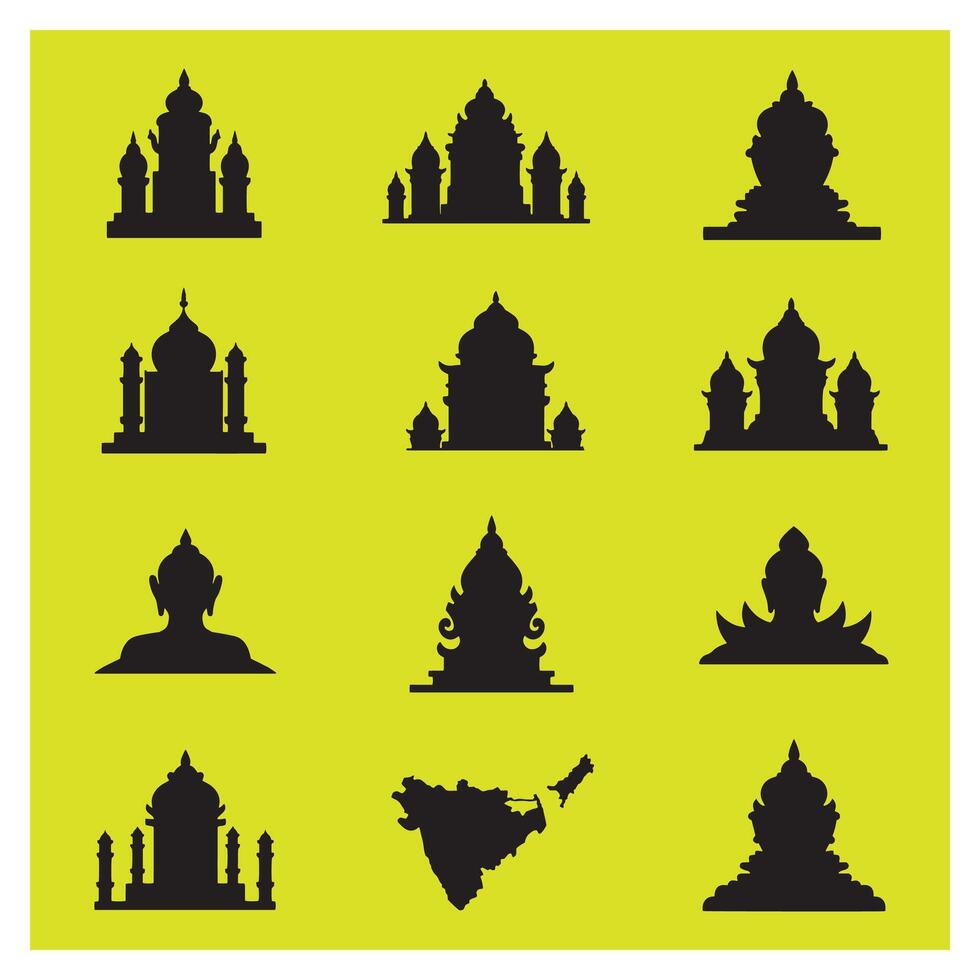 Silhouette collection of indian temples and buddha statues on a yellow background vector