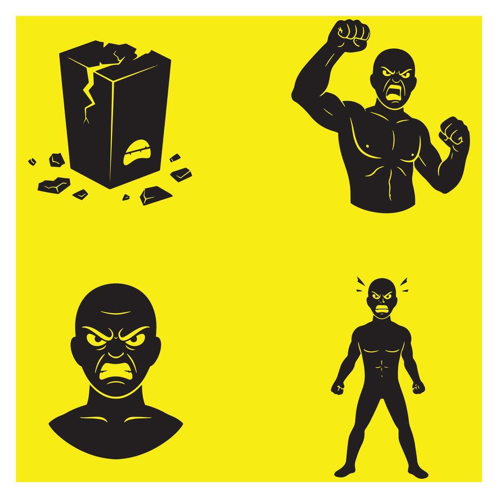 illustration of angry figures and a cracked brick against a bright yellow background vector