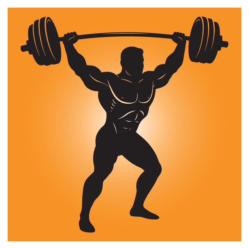 Silhouette of a muscular weightlifter lifting a heavy barbell in orange background design vector