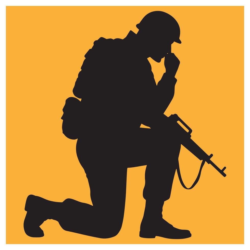 Silhouette of a kneeling soldier with a rifle contemplating on an orange background vector