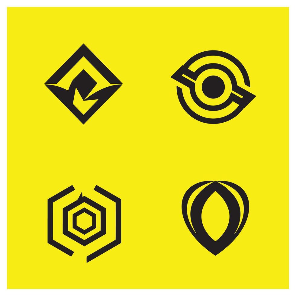 Set of four abstract geometric logo designs against a bright yellow background vector