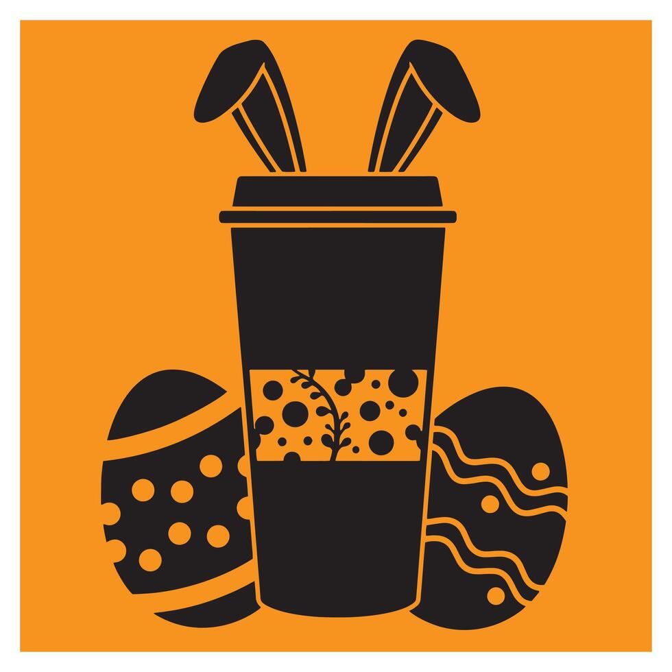 Easter themed coffee cup design with bunny ears and decorated easter eggs on an orange background vector