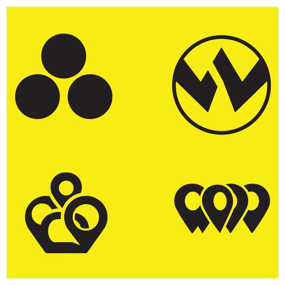 Four abstract black and white icons on a bright yellow background for graphic design vector