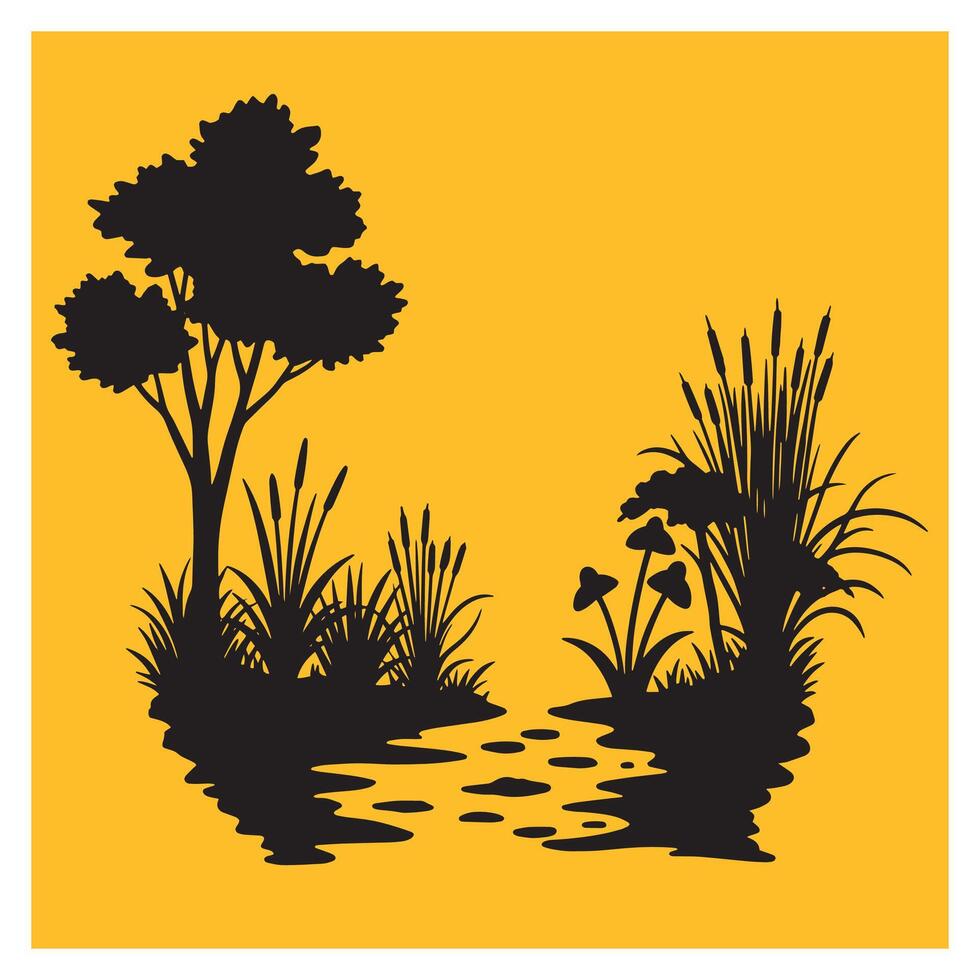 Silhouette illustration of a tranquil marsh landscape with trees water and cattails on yellow background vector