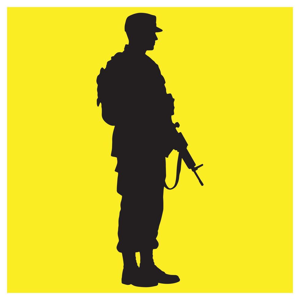 Silhouette of a soldier holding a rifle against a bright yellow background vector