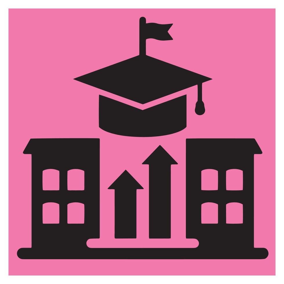 Black and pink educational illustration featuring a university building and graduation cap vector