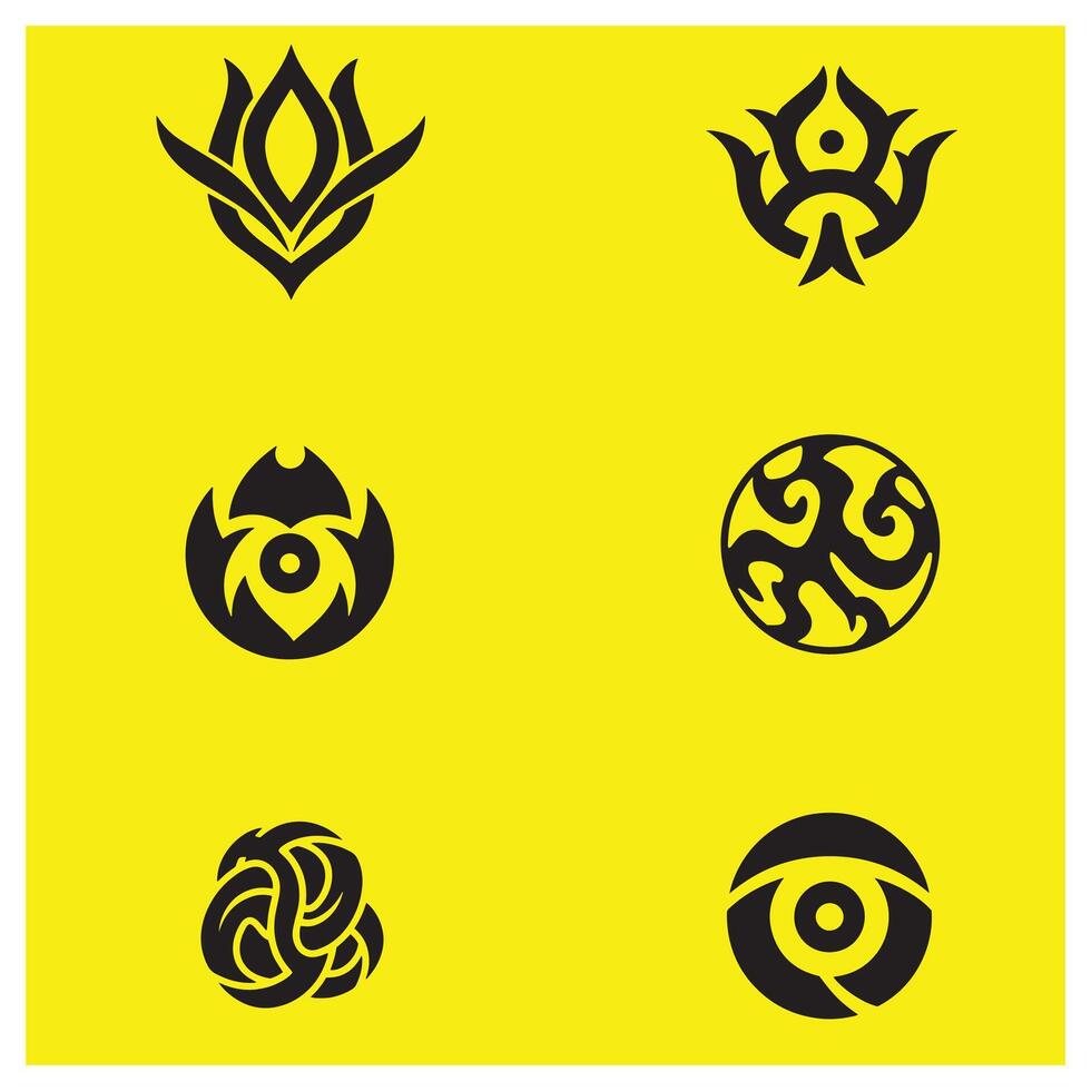 Collection of six black abstract floral and geometric design elements on yellow background vector