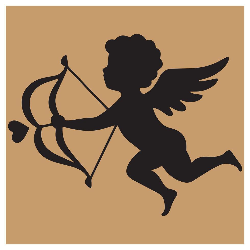 Silhouette of cupid with bow and arrow ready to shoot on a brown background vector