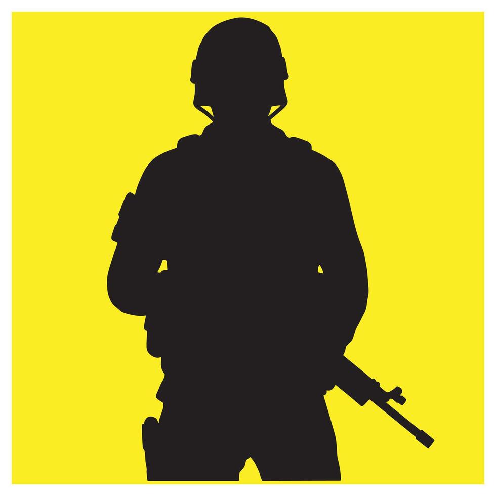 Silhouette of armed soldier in uniform against a bold yellow background vector