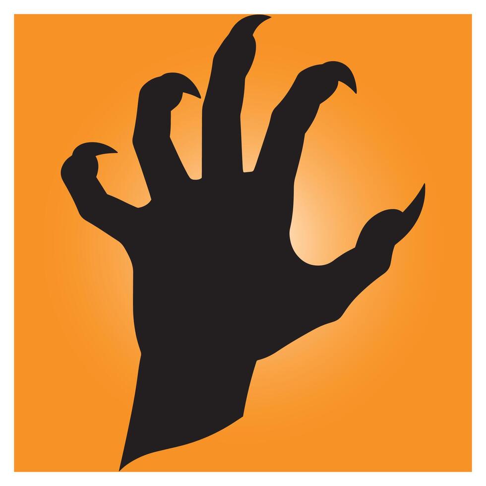 Spooky black clawed hand silhouette reaching out against an orange gradient background vector