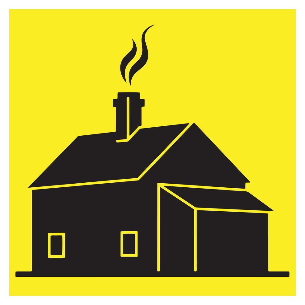 Minimalist black house silhouette with smoke emerging from chimney on a bright yellow background vector