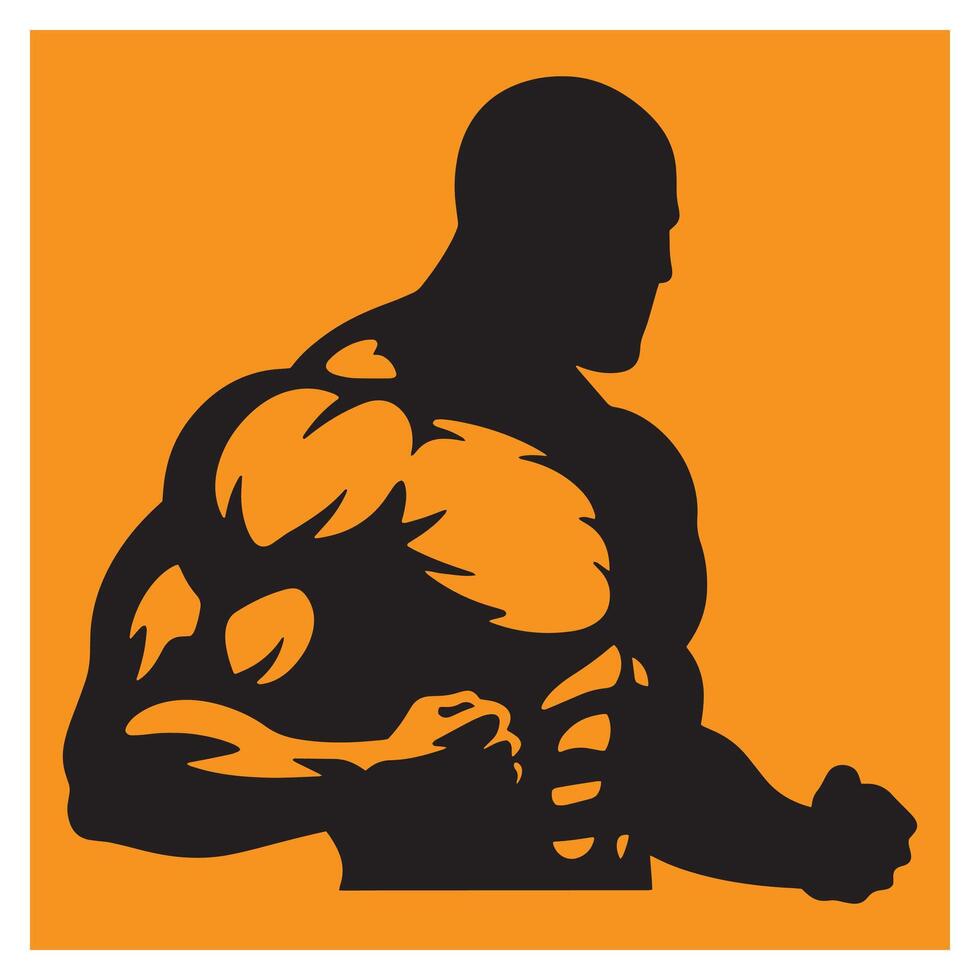 Powerful silhouette of a bodybuilder posing against an orange background for fitness vector