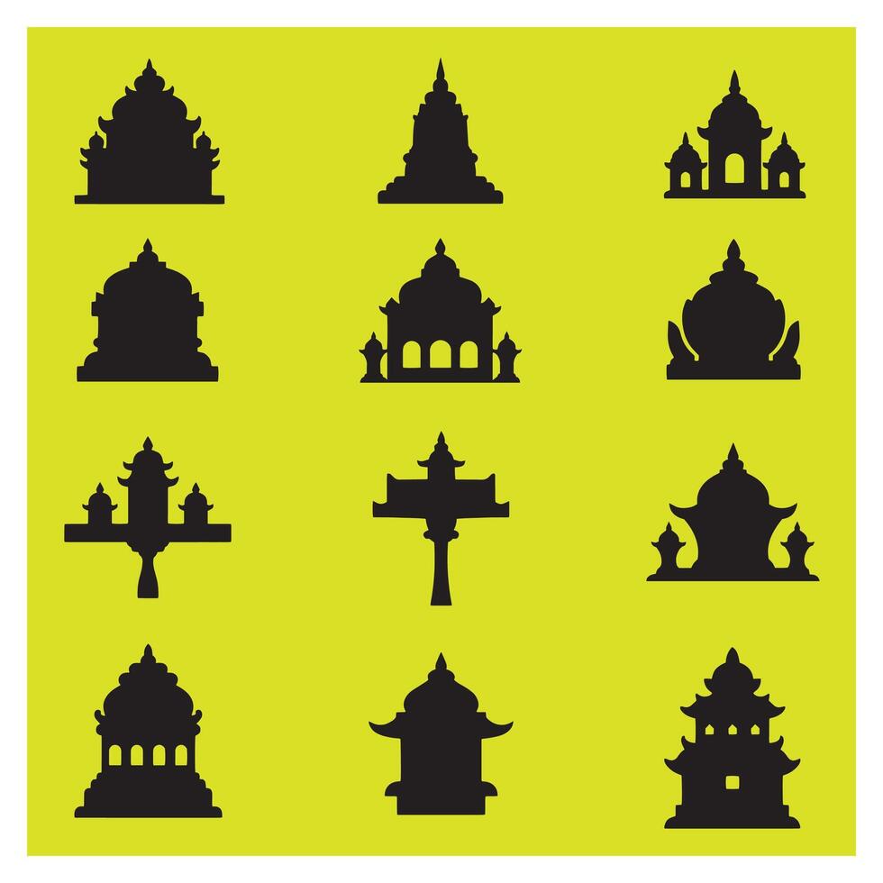 Set of nine stylized silhouettes representing traditional eastern architectural elements vector