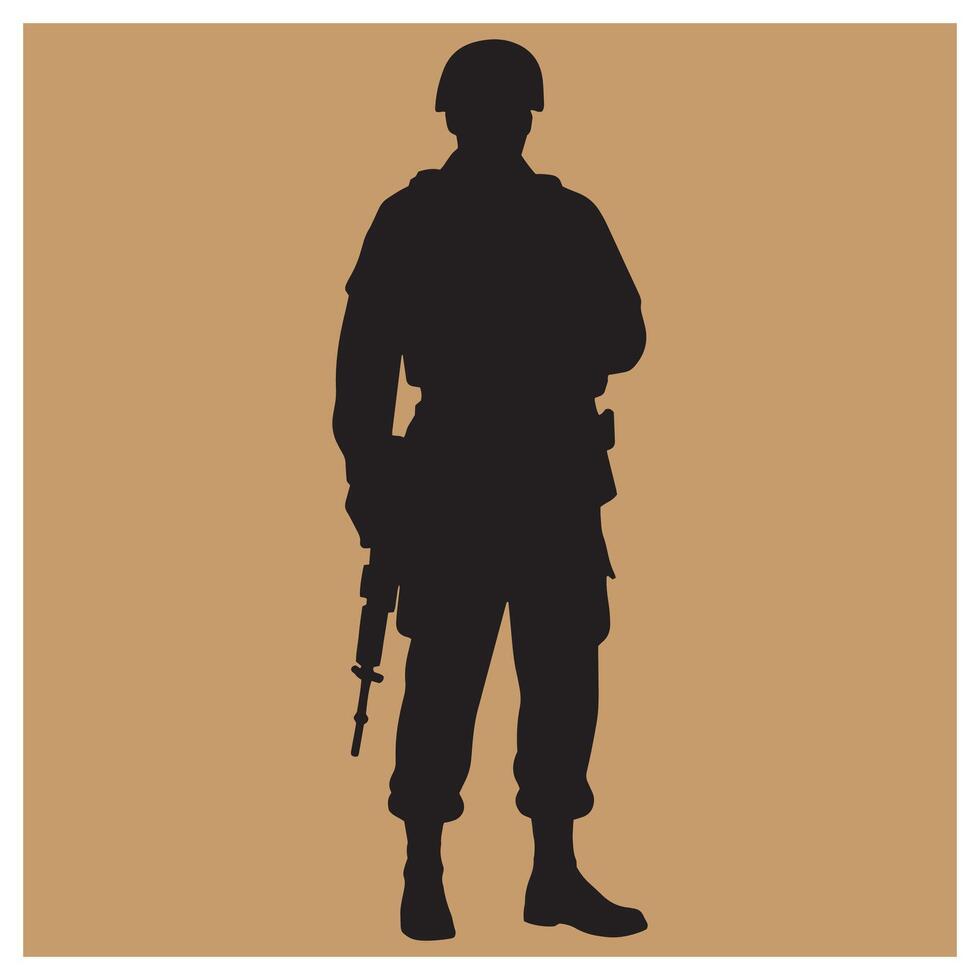 Silhouette of a soldier standing with rifle and military uniform against a tan background vector
