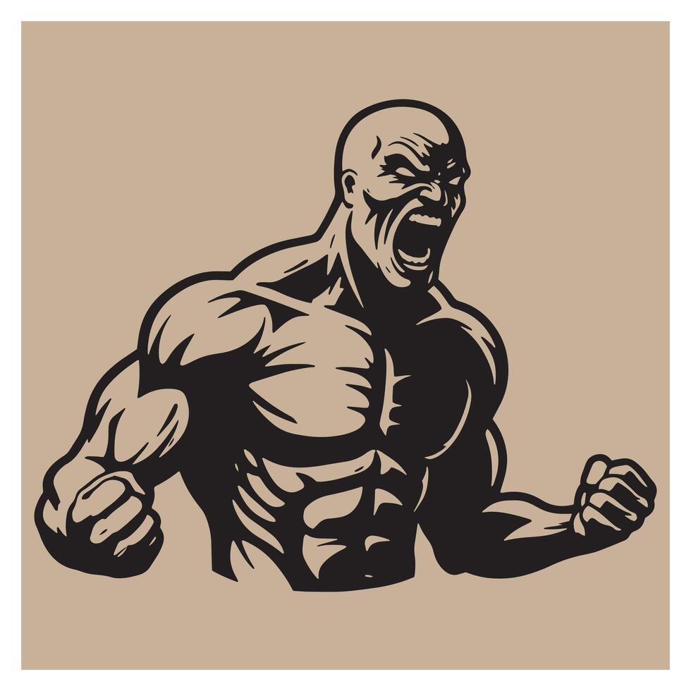 Strong muscular bodybuilder silhouette screaming in intense aggression on a tan background. vector