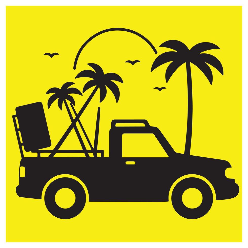 Black pickup truck transporting beach items under palm trees on yellow background vector