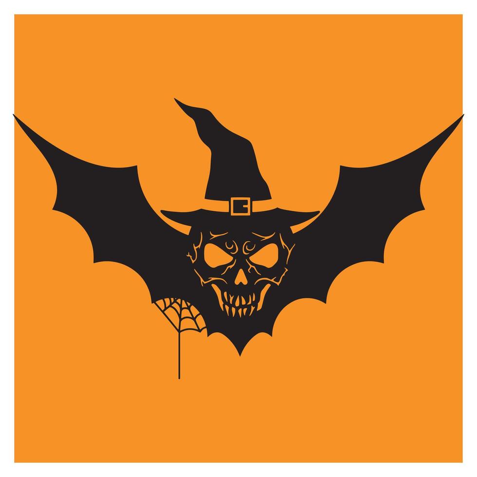 Spooky halloween bat illustration featuring a skull witch with a black hat and web vector