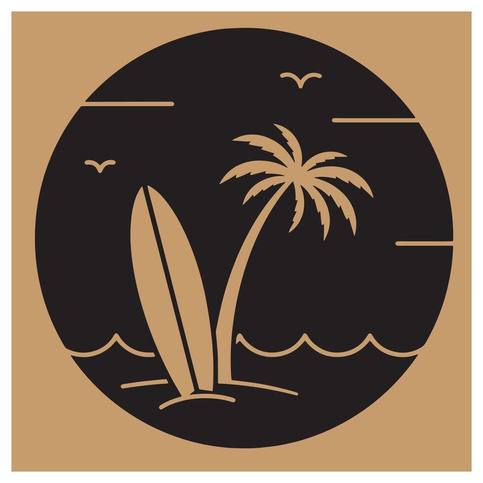 Coastal summer scene with surfboard palm tree and waves within a circle illustration vector