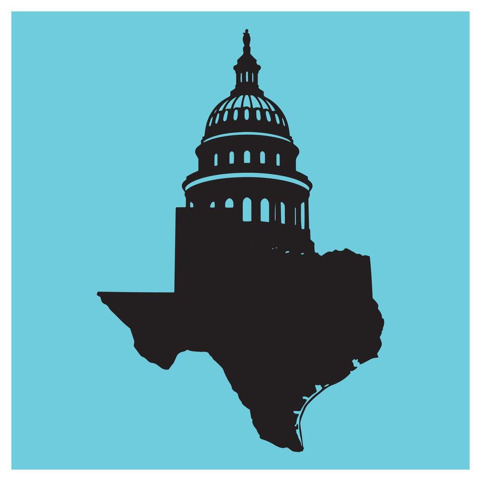 Texas state capitol building silhouette illustration set against a blue background vector
