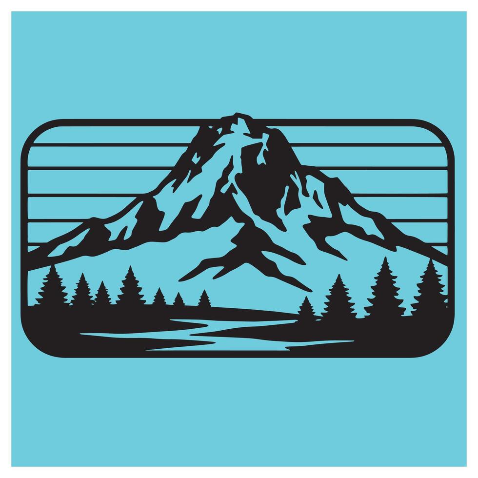 Silhouette of majestic mountain scenery with forest and river in modern style vector