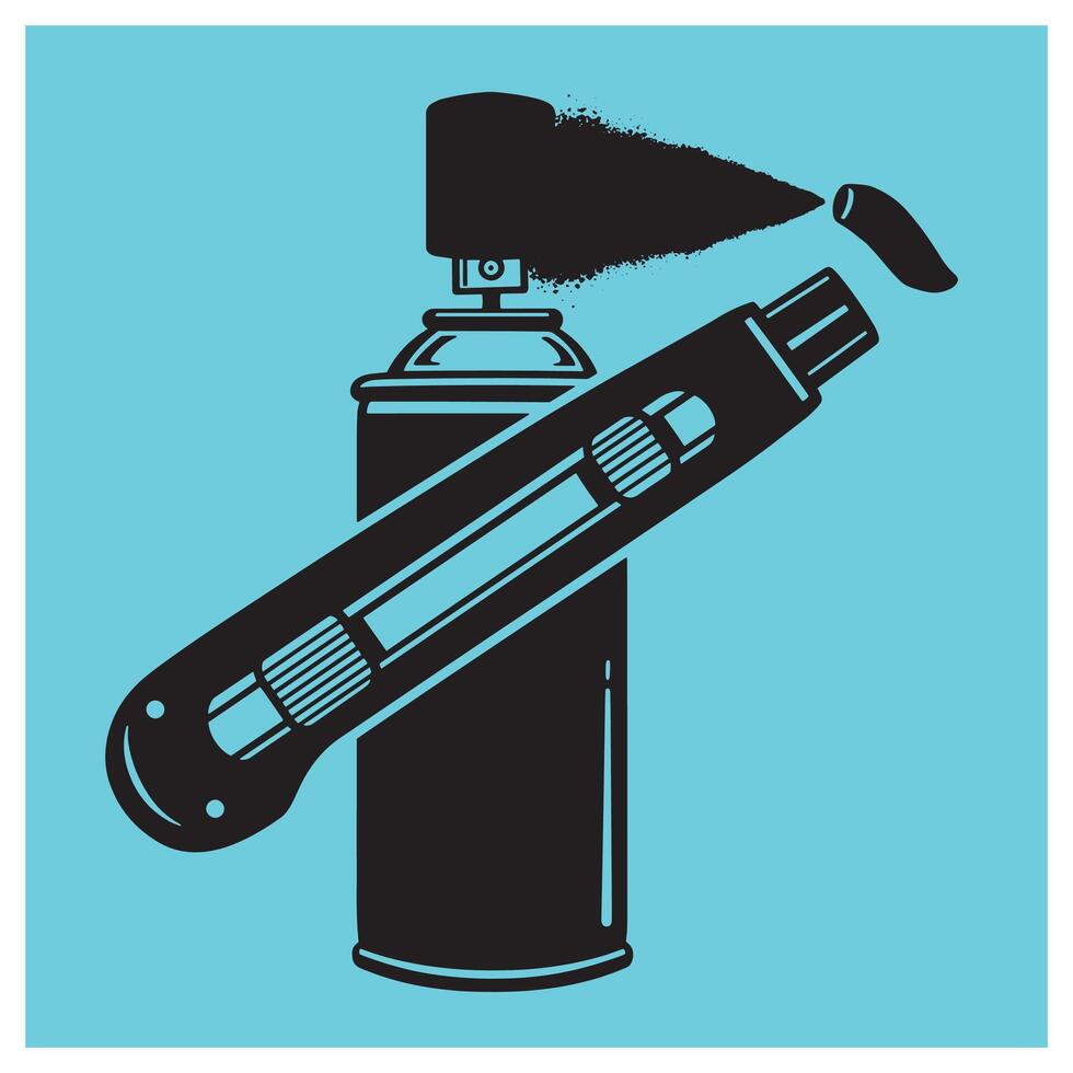 Black and white spray paint and box cutter illustration on a vibrant blue background vector