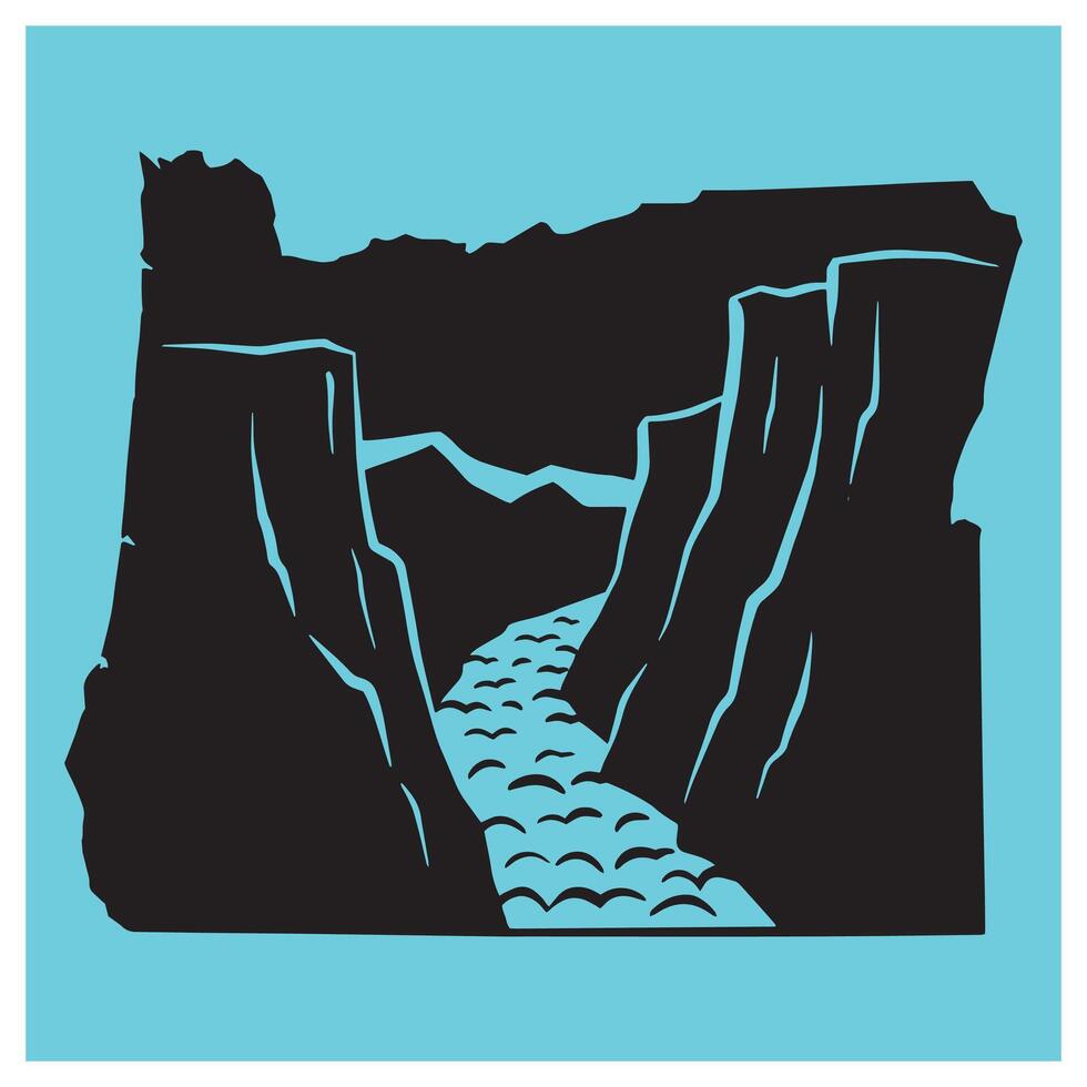 Stylized black and white illustration of a canyon and river in a minimalist design vector