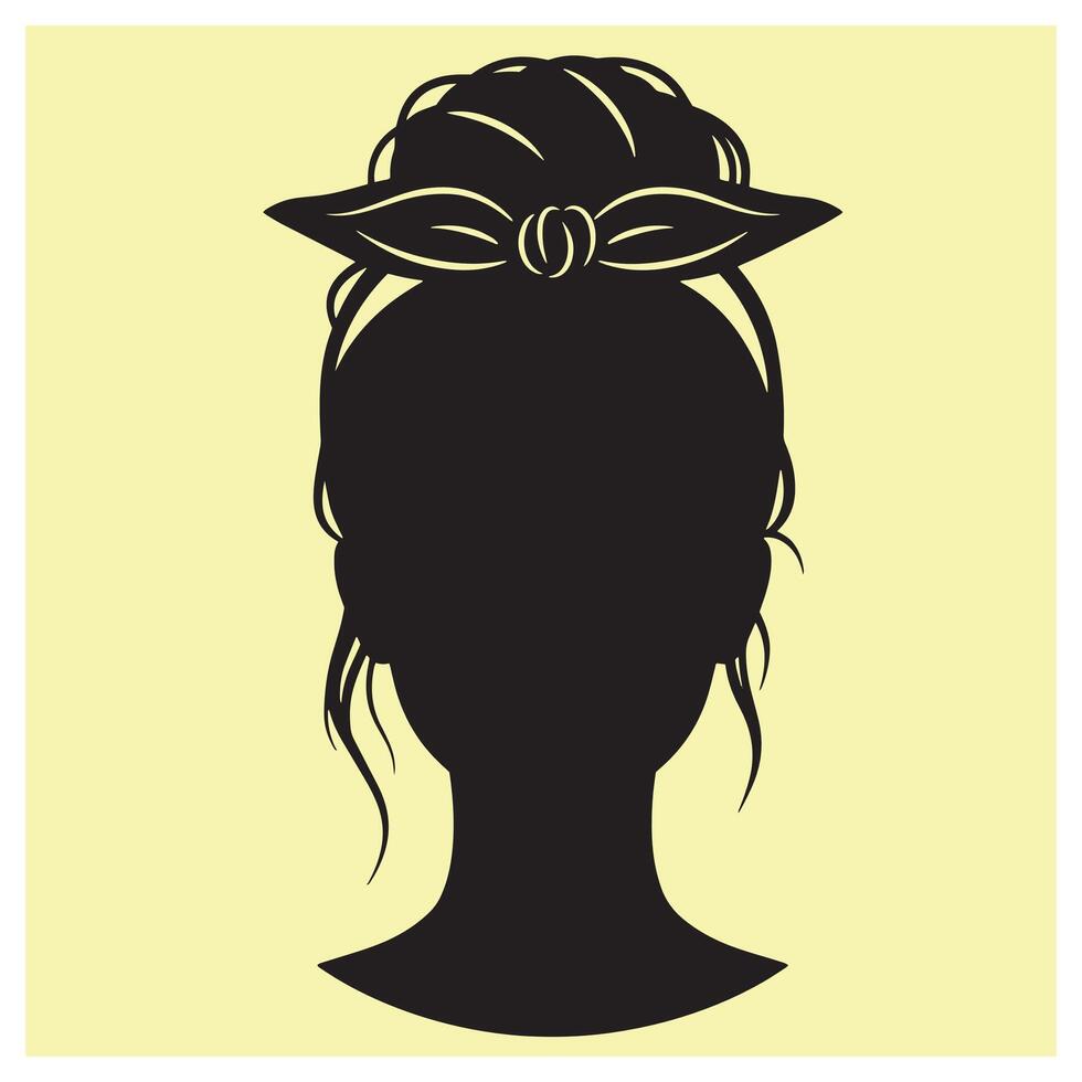 Elegant silhouette of a woman with a stylish updo and hair bow against a yellow background vector