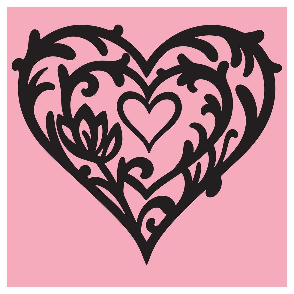 Elegant black heart shape with floral design on a pastel pink background vector