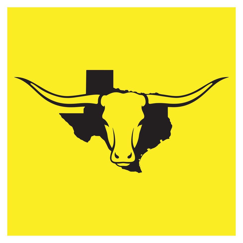 Texas longhorn bull head silhouette and outline of the state on yellow background vector