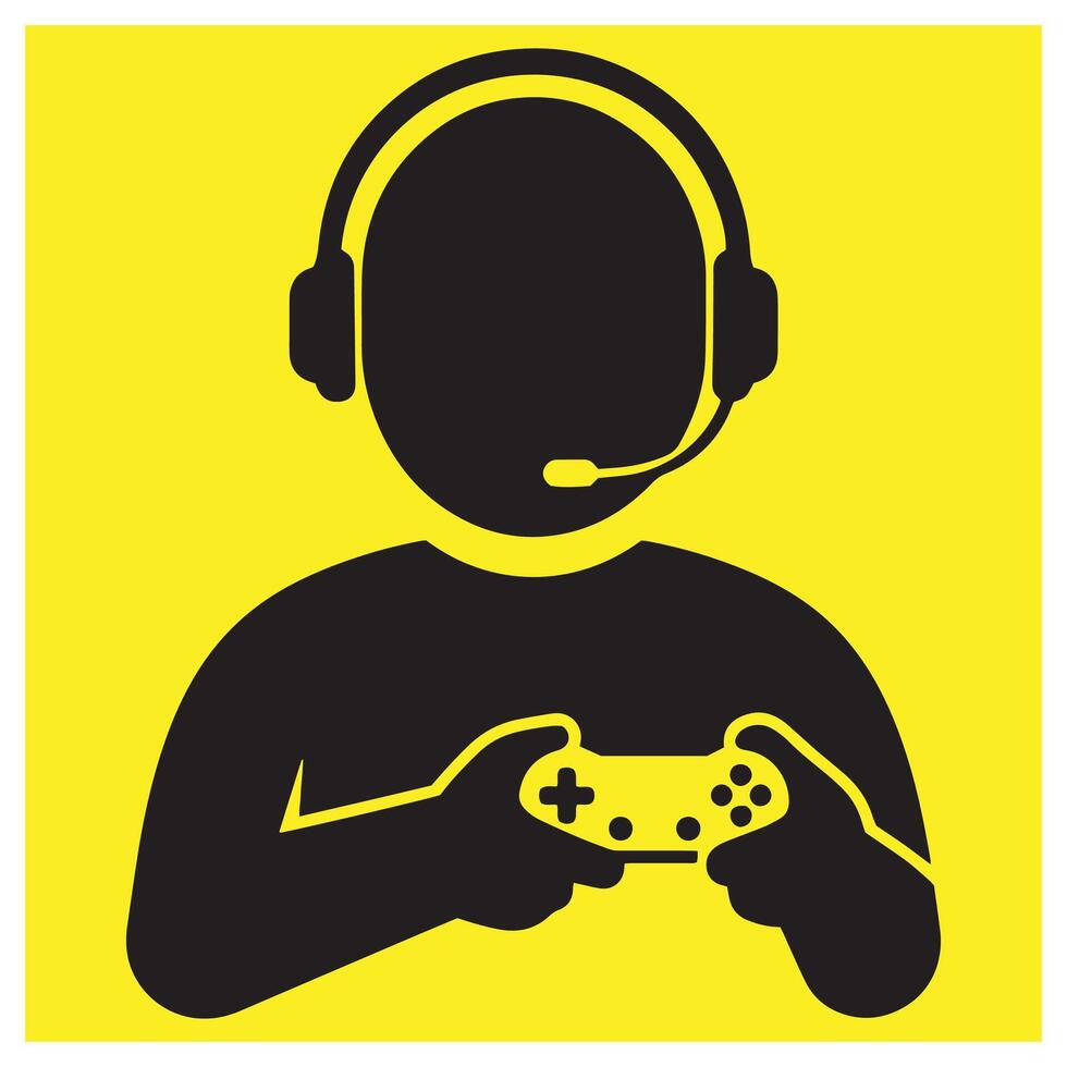Black silhouette gamer with headset holding a game controller on a bright yellow background vector