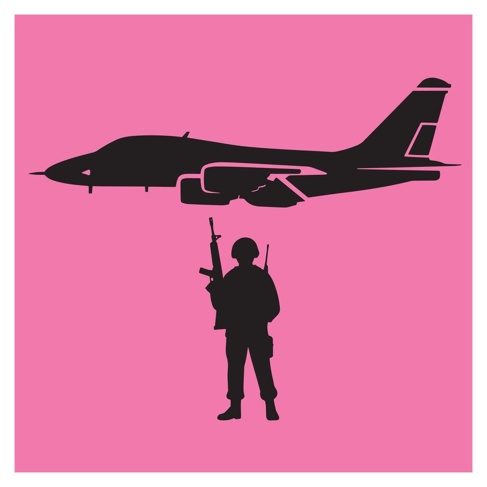 Silhouette of a military soldier standing with jet aircraft on pink background vector