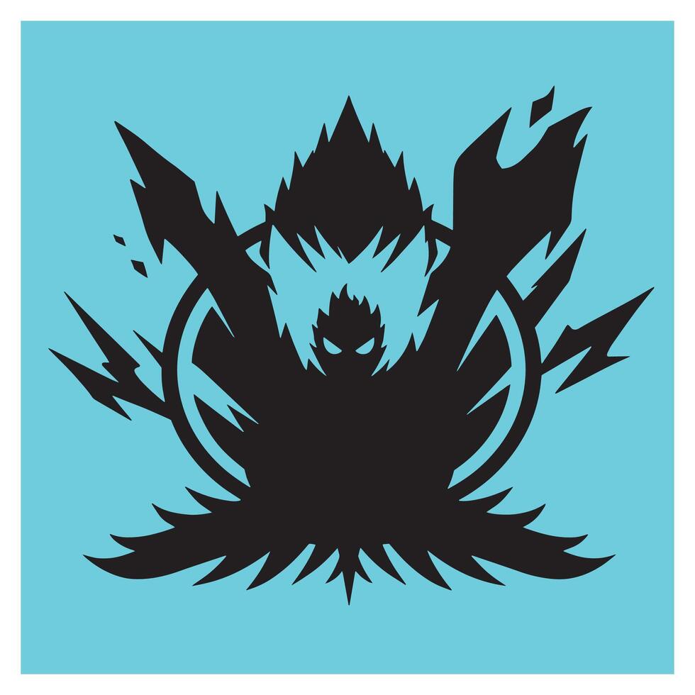 Silhouette of an angry fiery demon surrounded by fire on a teal blue background vector